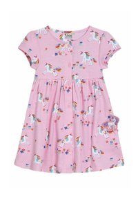 Robe en coton rose à manches courtes, ornée d'une impression fantaisiste de licornes et de fleurs, avec une patch décoratif de licorne sur la poche.