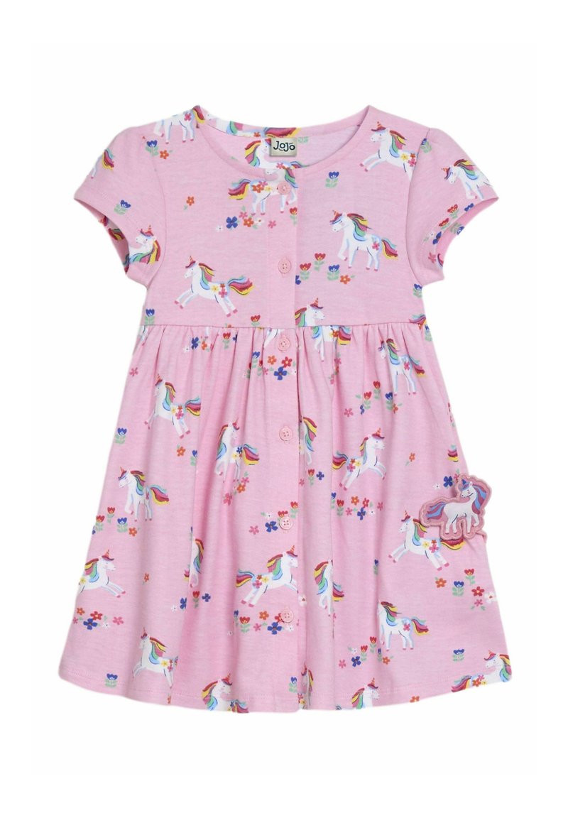 Robe en coton rose à manches courtes, ornée d'une impression fantaisiste de licornes et de fleurs, avec une patch décoratif de licorne sur la poche.