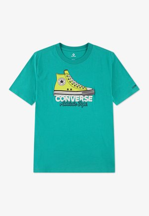 Teal cotton t-shirt featuring a yellow Converse sneaker graphic and "CONVERSE Athletic Depts." text in white. Short sleeves, crew neck.