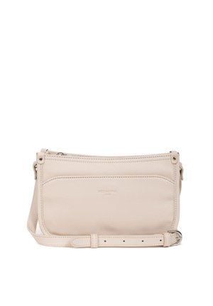 Borsa a tracolla in pelle beige con chiusura a zip, tracolla regolabile e tasca frontale. Texture liscia con un marchio discreto sul davanti.