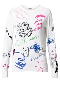 Weißer Pullover mit grafischen, mehrfarbigen Kritzelmustern und Text. Rundhalsausschnitt, lange Ärmel, gerippter Saum und lockere Passform.