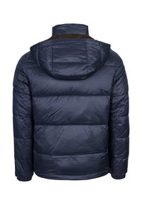 Námořnická modrá péřová bunda s odnímatelnou kapucí, s hladkou texturou a prošívaným designem, elastickými manžetami a kontrastním límcem.