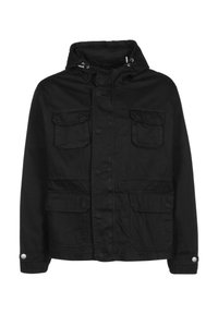 Black jacket made from fabric with a smooth texture. Features a hood, two chest pockets, and snap buttons. Simple, functional design.