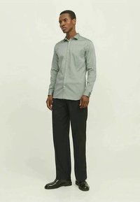 Camisa de botões de manga longa verde-claro com colarinho casual, combinada com calças pretas e sapatos pretos polidos.
