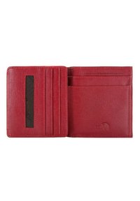 Portafoglio in pelle rossa con diversi slot per carte, una finestra trasparente per l'ID e una finitura testurizzata. Design aperto con accenti interni neri.