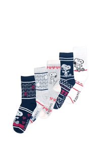 Set di cinque paia di calzini in navy, grigio e bianco, caratterizzati da vari motivi e fantasie di Snoopy, con colori a contrasto. Materiale in misto cotone.