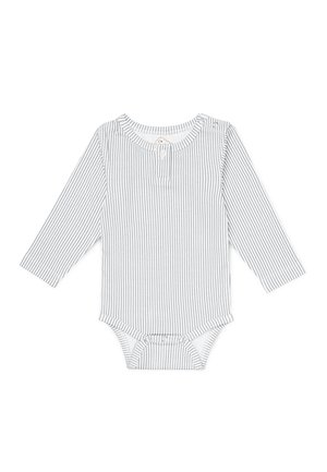Bodysuit pour bébé à manches longues en coton léger avec des rayures bleues et blanches, encolure ronde et boutons-pression à la base.