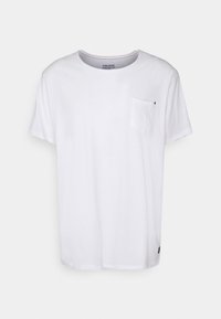 T-shirt bianco in cotone con scollo a giro, maniche corte, taschino sul lato sinistro del petto e un piccolo logo vicino all'orlo. Texture liscia.