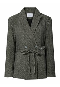 Blazer met hondentandpatroon in zwart-wit, voorzien van een double-breasted ontwerp, een taille met ceintuur en ingesneden revers. Inclusief zilverkleurige knopen.