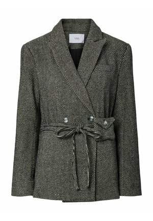 Blazer con patrón de pata de gallo en blanco y negro, con diseño de doble botonadura, cintura con lazo y solapas con muesca. Incluye botones plateados.