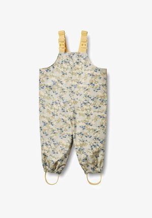 Floral-patterned waterproof overalls in beige, featuring adjustable yellow straps and elastic cuffs for a snug fit.