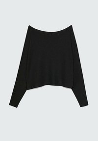 Pull noir court avec une texture côtelée, encolure décolletée sur les épaules et manches longues. Design simple sans logos ni ornements.