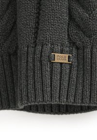 Maglione lavorato a maglia grigio scuro con texture a costine e motivo a treccia. Presenta un piccolo etichetta dorata con la scritta "POLO CLUB" sull'orlo.