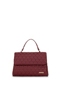 Prošívaná bordó kabelka s horním uchy, obdélníkový tvar a vzor srdcí. Disponuje zlatým kováním a logem značky.