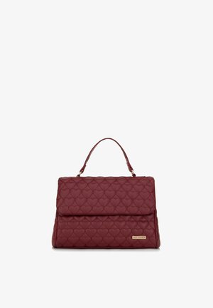Prošívaná bordó kabelka s horním uchy, obdélníkový tvar a vzor srdcí. Disponuje zlatým kováním a logem značky.