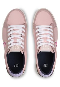Pink leather sneakers with white laces, padded collar, and mesh tongue. Features navy interior and light purple heel accent.