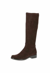 Bota marrón de ante hasta la rodilla con una textura suave, punta redonda y tacón bajo. Presenta costuras sin costura en el caña.