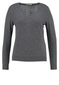 Maglione grigio a scollo a V con maniche lunghe, texture a maglia e polsini e orlo a coste. Design semplice e classico adatto per essere indossato a strati.