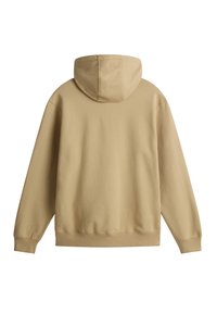 Felpa beige con cappuccio dal texture liscia, dotata di tasca a marsupio, polsini e orlo a coste, mostrata da dietro.