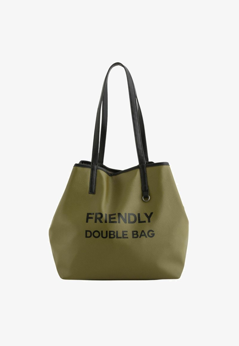 Olive green tote bag with a textured finish, black leather straps, and black printed text "FRIENDLY DOUBLE BAG" on the front.