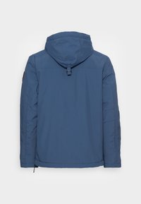 Blue hooded jacket with a smooth, water-resistant fabric. Features a drawstring hood, side pockets, and a straight hem.