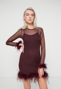 Bordo haljina s uskim krojem, sa prozirnim mrežastim dugim rukavima i pernatim detaljima na manžetama i rubu.