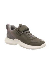 Grau sportlicher Schuh mit einem Obermaterial aus Mesh, synthetischen Akzenten und einem Klettverschluss. Verfügt über eine weiße Gummisohle und strukturierte Details.