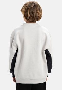 Harmaan ylisuuren hupparin, jossa on raskaammat tummat hihat, ribbed-kaulus ja helma, sileä tekstuuri ja minimalistinen muotoilu, näkymä takaa.