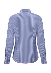 Blue and white striped long-sleeve shirt featuring a standard collar, buttoned cuffs, and a curved hem at the back. Soft cotton fabric.