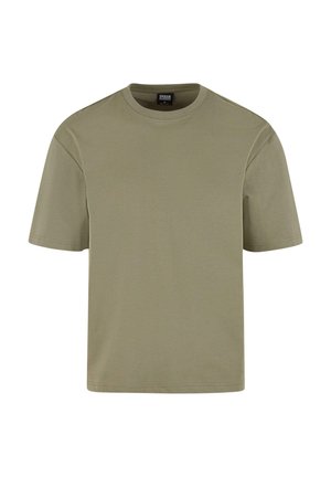 Olīvu zaļš īsais krekls no mīksta kokvilnas, ar apaļu kakla izgriezumu un vienkāršu, neizrotātu dizainu.