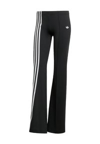 Black athletic pants feature three white stripes along the sides, elastic waistband, made of a smooth, stretchy fabric. Small logo on hip.