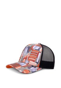 Mesh-backed cap featuring a colorful geometric pattern in orange, blue, and gray. The bill is curved, and a logo patch is prominent.