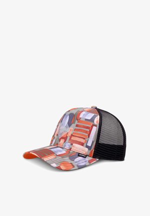 Mesh-backed cap featuring a colorful geometric pattern in orange, blue, and gray. The bill is curved, and a logo patch is prominent.
