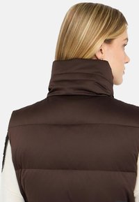 Gilet marrone con collo alto, caratterizzato da sezioni trapuntate. Tessuto liscio con una leggera lucentezza. Zip laterale.