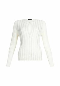 Pull en maille blanc à manches longues avec un motif ajouré vertical et une découpe en forme de larme au niveau de la poitrine, fermé par un petit bouton.