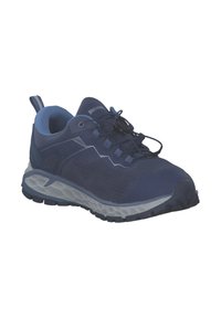 Dark blue athletic shoe with mesh upper, gray accents, textured sole, and elastic lace system for secure fit; lightweight design.