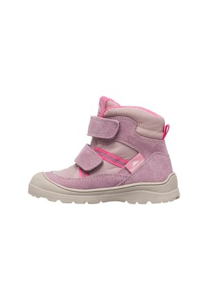 Scarponcino invernale rosa per bambini con doppi cinturini in velcro, suola testurizzata e supporto imbottito alla caviglia, progettato per il freddo e l'uso all'aperto.