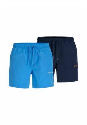 Zwei Paar Herren-Badeshorts, eines in leuchtendem Blau und ein Paar in dunklem Marineblau, beide mit elastischem Bund und Kordelzug.