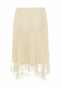 Jupe en dentelle beige avec motifs floraux et un ourlet asymétrique, avec des détails transparents et une taille ajustée.