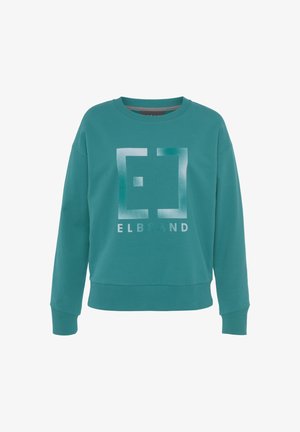 Teal Pullover aus weichem Stoff, mit Rundhalsausschnitt, langen Ärmeln und einem Verlauf-Logo "ELBSAND" in Weiß und Hellblau auf der Vorderseite.