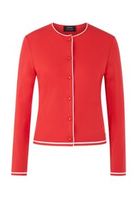 Red cardigan with long sleeves, round neck, white trim along the edges, and button closure at the front. Smooth texture.