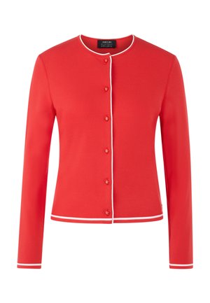 Roter Cardigan mit langen Ärmeln, Rundhalsausschnitt, weißer Paspel entlang der Kanten und Knopfverschluss vorne. Glatte Textur.