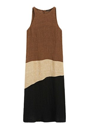 Abito senza maniche con scollo rotondo, a blocchi di colore in tessuto marrone, beige e nero con aspetto strutturato e arricciato.