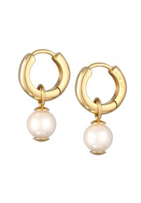 Boucles d'oreilles en or avec une goutte de perle ronde et lisse de couleur blanche. Les boucles d'oreilles possèdent une finition polie avec un design de fermoir à charnière.