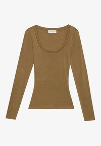 Camisola de mangas longas em verde oliva, com um decote grande em forma de U, forma ajustada, textura suave e uma etiqueta com o nome "Anna Field".