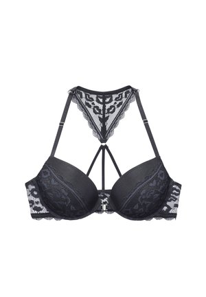 Sutien negru din dantelă cu armătură, cu modele florale intricate, bretele ajustabile și un design cu spate în straturi. Prezintă o suprafață a cupei netedă.