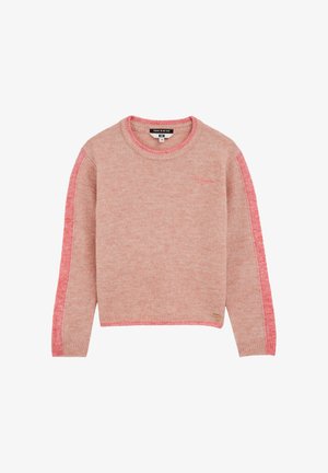 Gaiši rozā džemperis no mīksta trikotāžas materiāla ar tumši rozā svītrām uz piedurknēm un apaļu kakla izgriezumu. Neliels logotipa detaļas uz krūtīm.