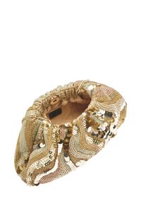 Złota i srebrna kopertówka z cekinami, z marszczonym wzorem z tkaniny, teksturowaną powierzchnią i gładką podszewką wewnątrz. Posiada zapięcie na zatrzask.