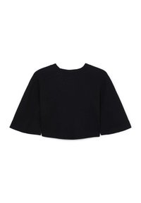 Maglione nero corto a maniche corte con maniche ampie e collo rotondo, esposto su uno sfondo bianco.