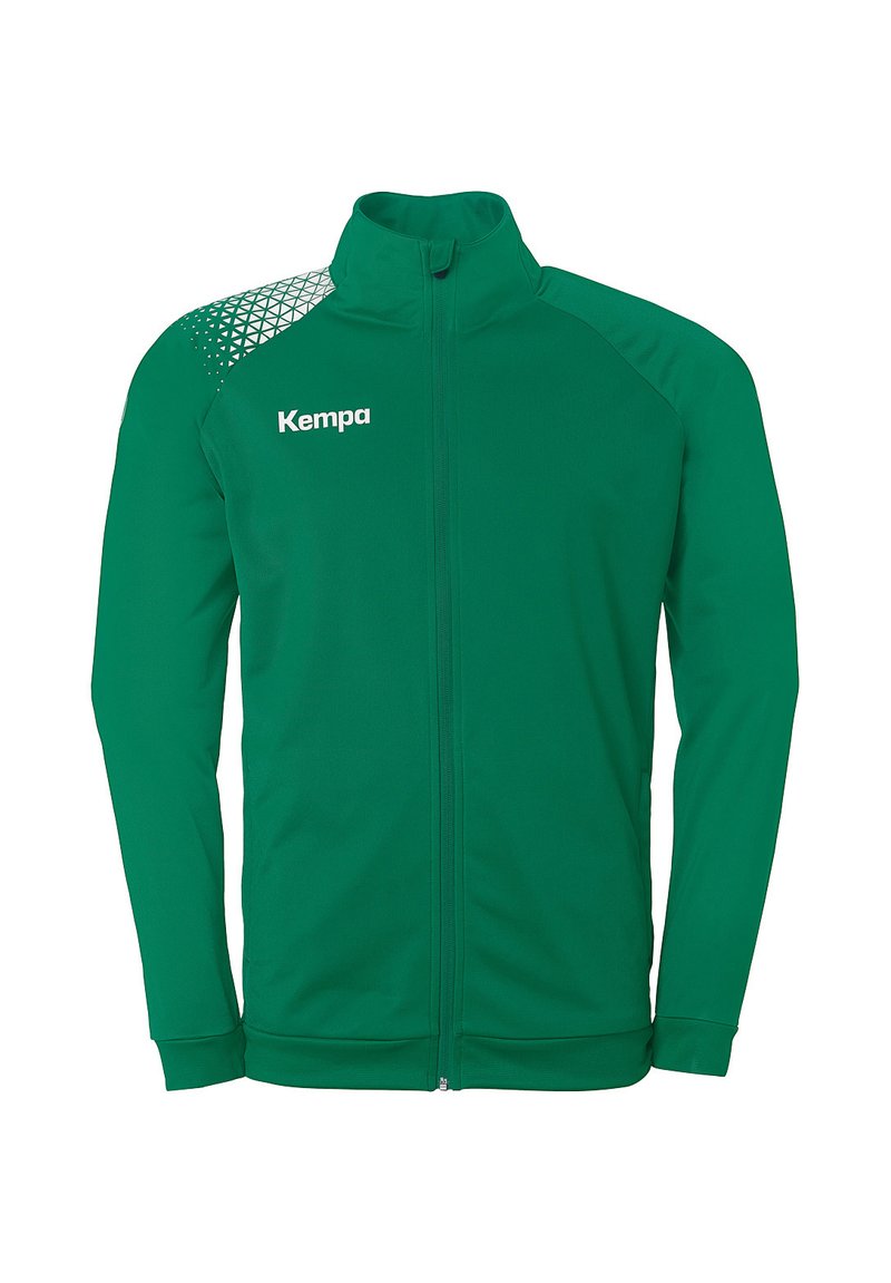 Green athletic jacket with a full zipper, featuring a textured geometric pattern on one shoulder and the "Kempa" logo in white.